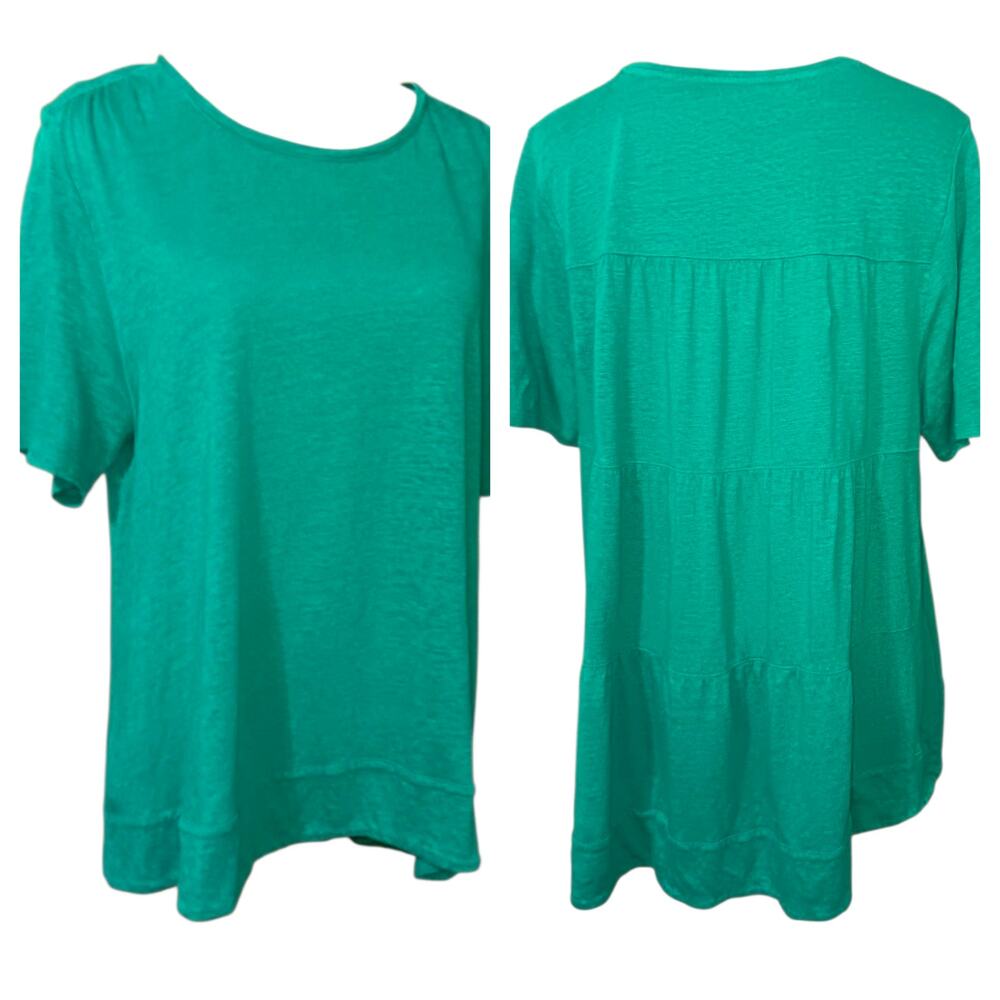 CHICO'S 2 100% Linen Long Tunic Top Tee LG Tiered Back High/Lo Turquoise Green‎
